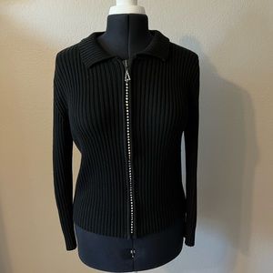 Black Full Zip Ribbed Sweater w/Rhinestones - L